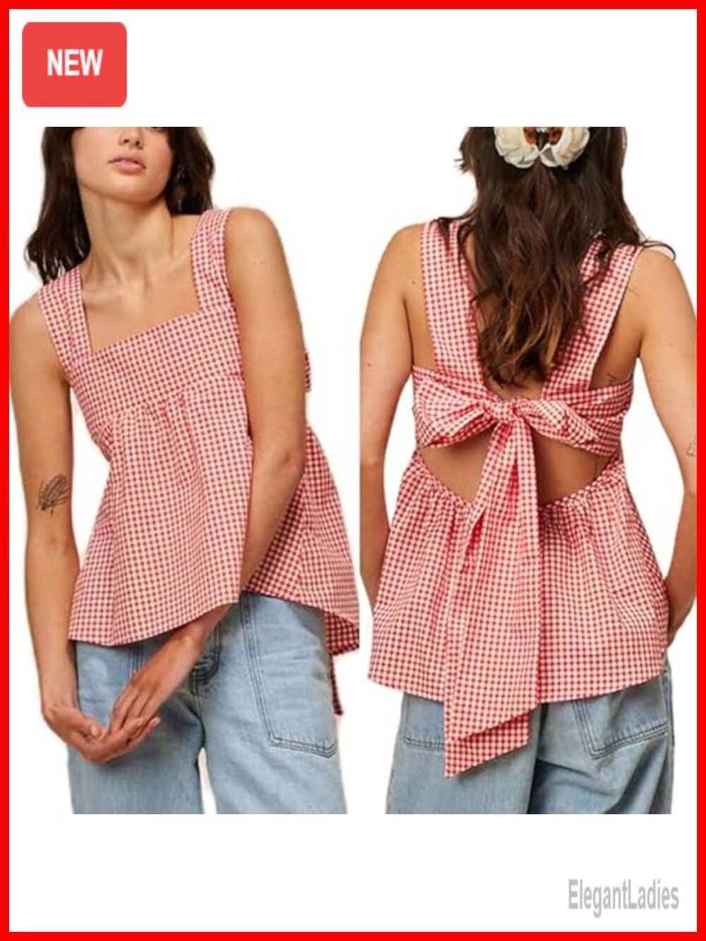 Y2K Gingham Square Neck Backless Ruffle Peplum Babydoll Camisole Tank Top